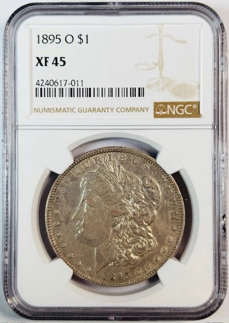 1895 New Orleans Morgan Silver Dollar NGC XF 45 Certified: 1895 New Orleans Morgan Silver Dollar NGC XF 45 Certified This is an 1895 O Morgan Silver Dollar graded XF 45 by NGC. Minted in New Orleans, this circulated coin is composed of silver and certified by