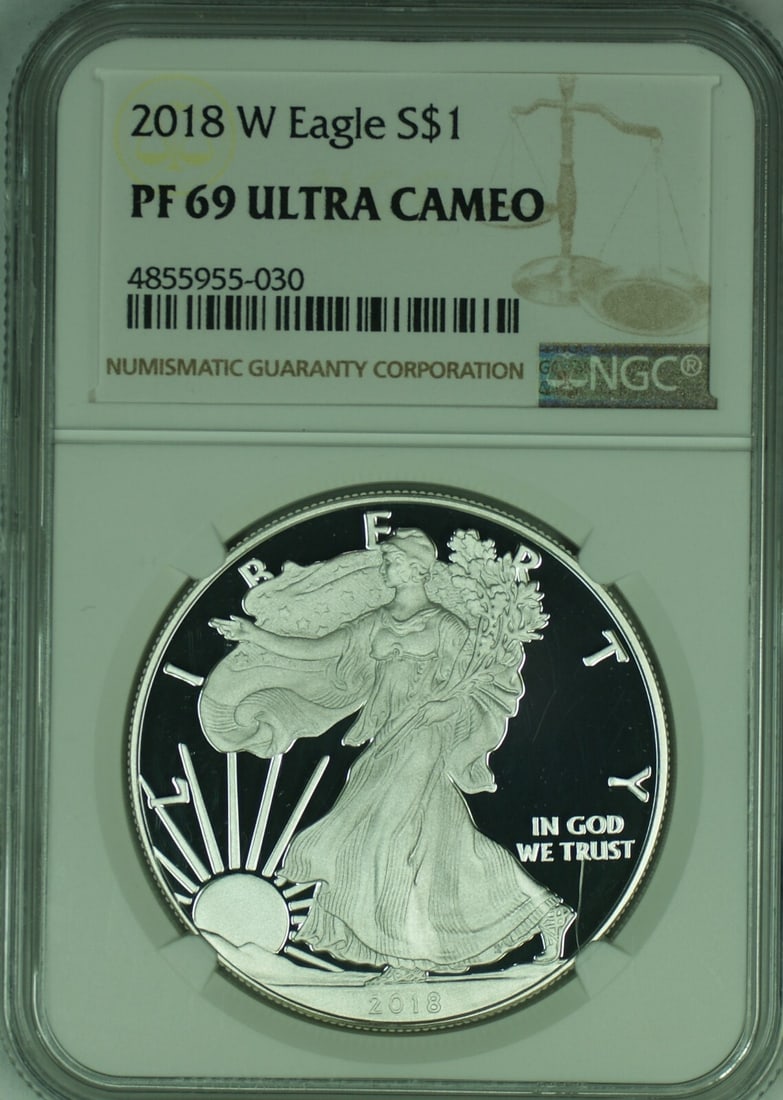 NGC PF 69 Ultra Cameo 2018-W Proof Silver Eagle Dollar Coin: NGC PF 69 Ultra Cameo 2018-W Proof Silver Eagle Dollar Coin This 2018-W American Proof Silver Eagle features a $1 denomination and is graded NGC PF 69 Ultra Cameo. The coin is uncirculated and commemo
