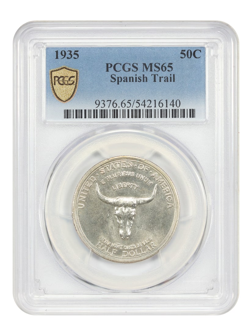 1935 Spanish Trail Half Dollar PCGS MS65 Silver Commemorative Coin: 1935 Spanish Trail Half Dollar PCGS MS65 Silver Commemorative Coin This 1935 50C Spanish Trail coin is a classic silver commemorative from the Philadelphia Mint, graded MS65 by PCGS. It is a single-ye
