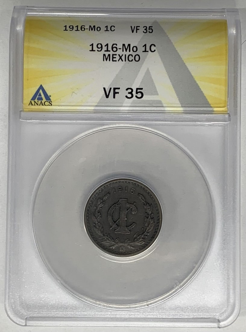 ANACS VF 35 Mexico 1916-Mo 1 Centavo Certified Coin: ANACS VF 35 Mexico 1916-Mo 1 Centavo Certified Coin This 1916-Mo Mexico 1 Centavo coin is certified by ANACS with a grade of VF 35. Issued during the historical period of Mexico from 1905 to the prese