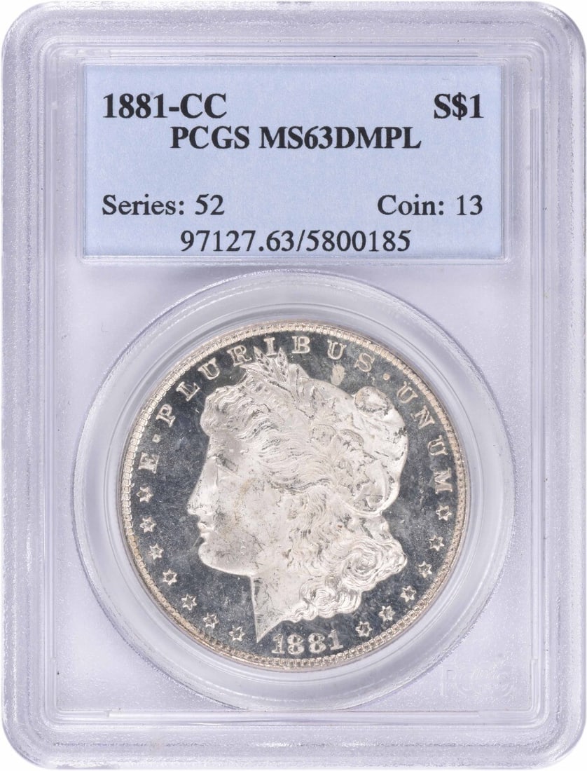 PCGS MS63DMPL 1881 Carson City Morgan Dollar 90 Percent Silver: PCGS MS63DMPL 1881 Carson City Morgan Dollar 90 Percent Silver This 1881 Morgan Silver Dollar was minted at the Carson City Mint and is certified by PCGS as MS63DMPL. The coin is composed of 90% silve