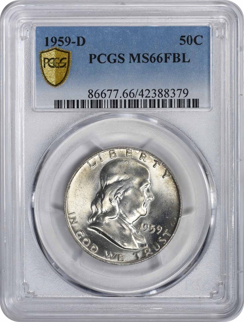 PCGS MS66FBL 1959-D Franklin 90 Percent Silver Half Dollar: PCGS MS66FBL 1959-D Franklin 90 Percent Silver Half Dollar This 1959-D Franklin Silver Half Dollar is graded MS66FBL by PCGS and features a full bell lines strike. Minted in Denver, this coin is compo