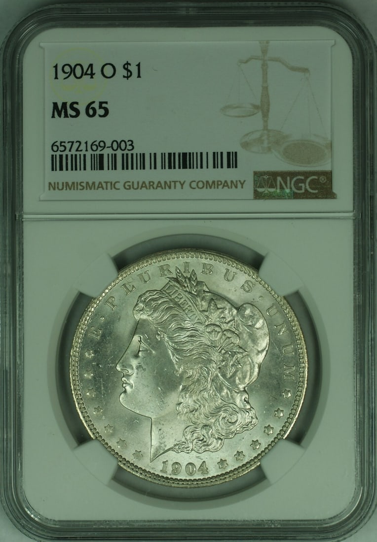 NGC MS-65 1904-O Morgan Dollar Uncirculated Silver Coin: NGC MS-65 1904-O Morgan Dollar Uncirculated Silver Coin This is a 1904-O Morgan Silver Dollar graded MS-65 by NGC. Minted in New Orleans, this uncirculated coin features the classic Morgan design and