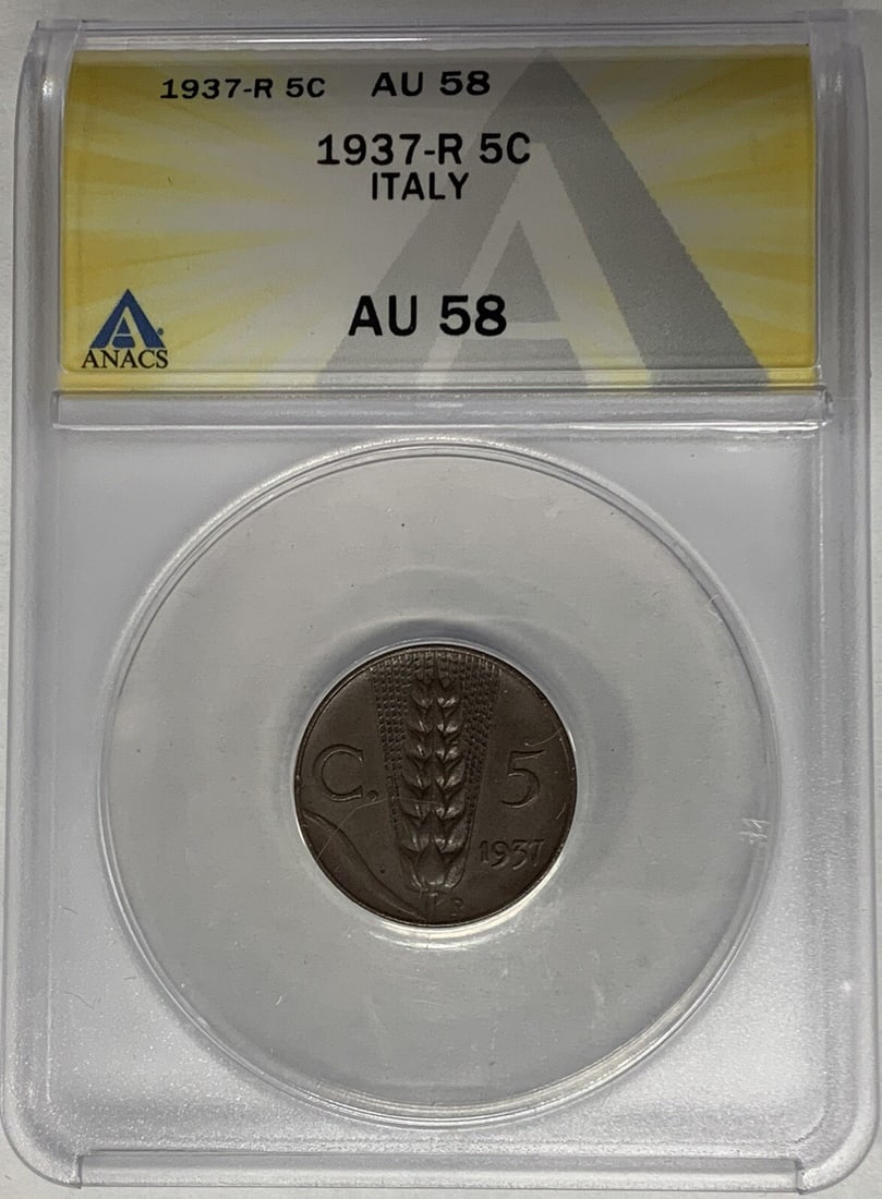 Italy 1937-R 5 Centesimi Copper Coin ANACS AU 58 Graded: Italy 1937-R 5 Centesimi Copper Coin ANACS AU 58 Graded This 1937-R Italy 5 Centesimi coin is composed of copper and has been graded AU 58 by ANACS. It is a circulated coin from Italy, certified by AN