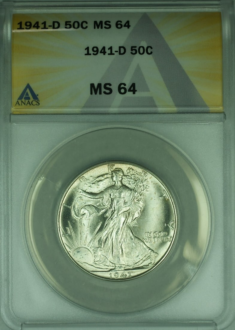 ANACS MS64 1941-D Liberty Walking Silver Half Dollar 50 Cent Coin: ANACS MS64 1941-D Liberty Walking Silver Half Dollar 50 Cent Coin This 1941-D Walking Liberty silver half dollar is certified by ANACS with a grade of MS-64. Minted in Denver, this uncirculated coin f