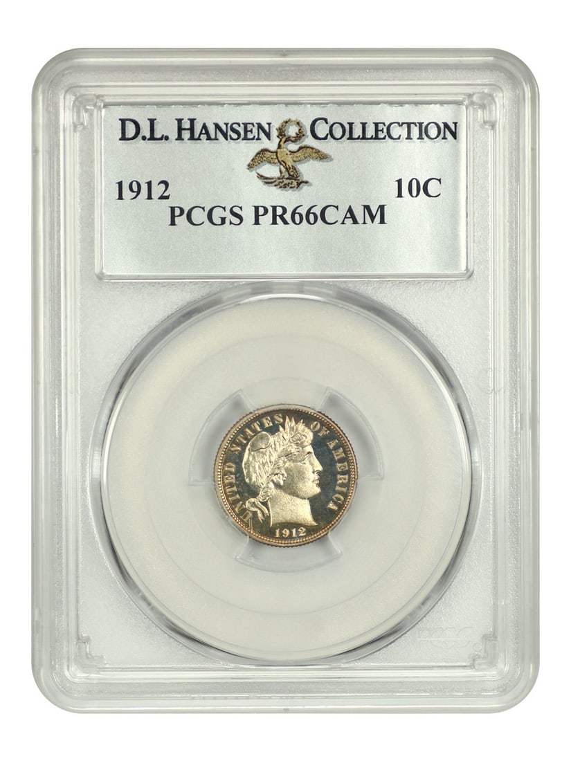 1912 Barber Dime 10C PCGS PR66CAM D.L. Hansen Provenance: 1912 Barber Dime 10C PCGS PR66CAM D.L. Hansen Provenance This stunning 1912 10C Barber Dime, certified by PCGS with a PR66CAM grade, showcases a remarkable blend of rich golden toning and deeply mirro