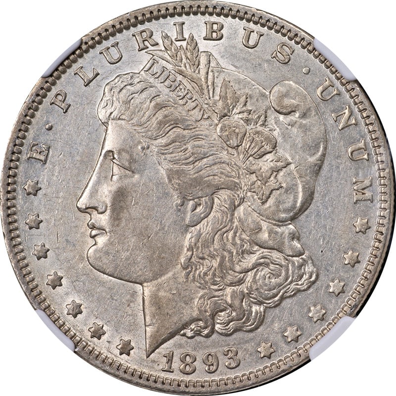 NGC AU53 Graded 1893 Philadelphia Morgan Silver Dollar: NGC AU53 Graded 1893 Philadelphia Morgan Silver Dollar This 1893-P Morgan Silver Dollar features attractive eye appeal and a well-defined strike. Certified by NGC with a grade of AU53, this circulated