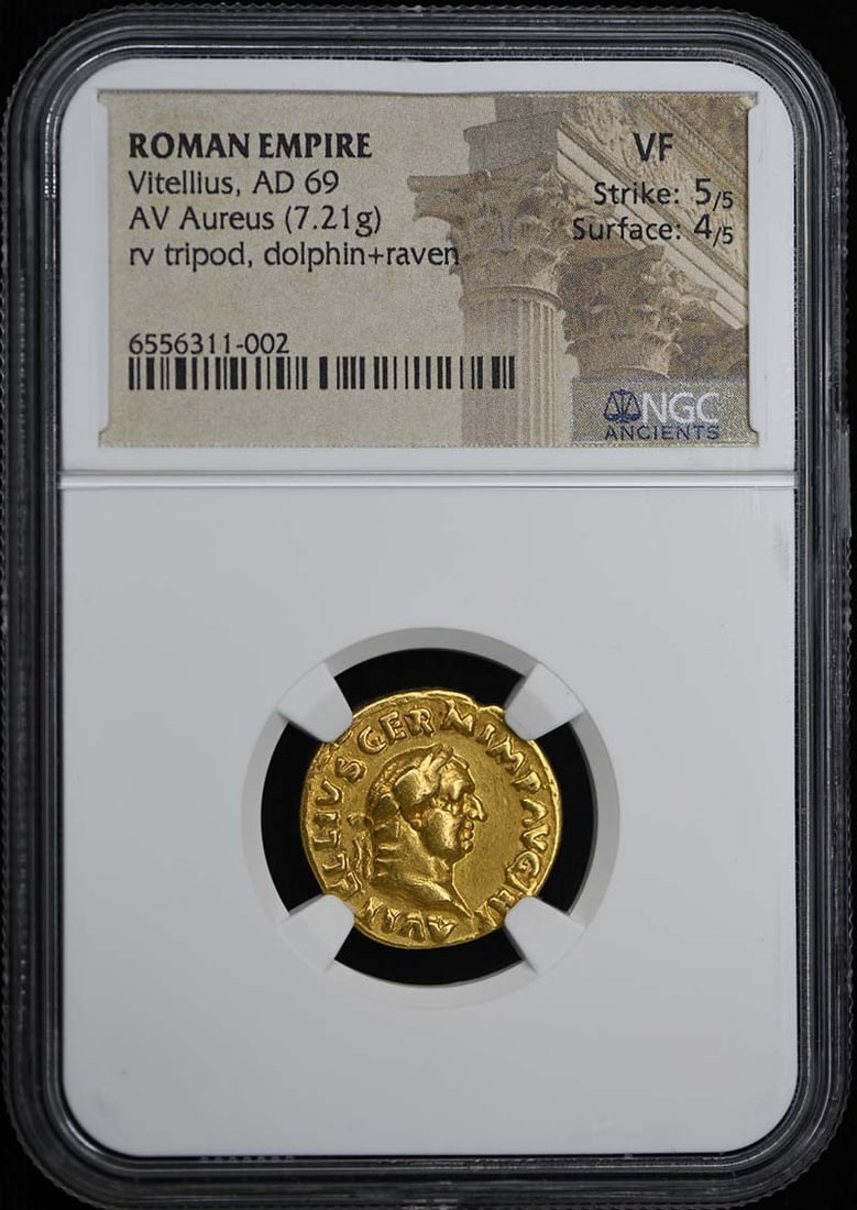 Vitellius AD 69 Roman Empire Gold Aureus NGC VF 7.21g: Vitellius AD 69 Roman Empire Gold Aureus NGC VF 7.21g This stunning gold aureus from the Roman Empire features the coin of Vitellius, minted in AD 69. Graded as VF (Very Fine) by NGC, it showcases a r