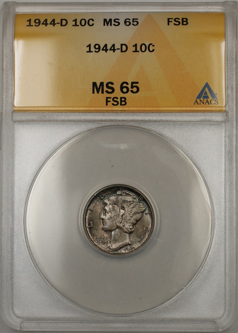 1944-D Denver Mercury Dime Silver 10C ANACS MS-65 Full Bands Toned Coin: 1944-D Denver Mercury Dime Silver 10C ANACS MS-65 Full Bands Toned Coin This 1944-D Mercury Dime is composed of silver and was minted in Denver. The coin is certified by ANACS with a grade of MS-65 an