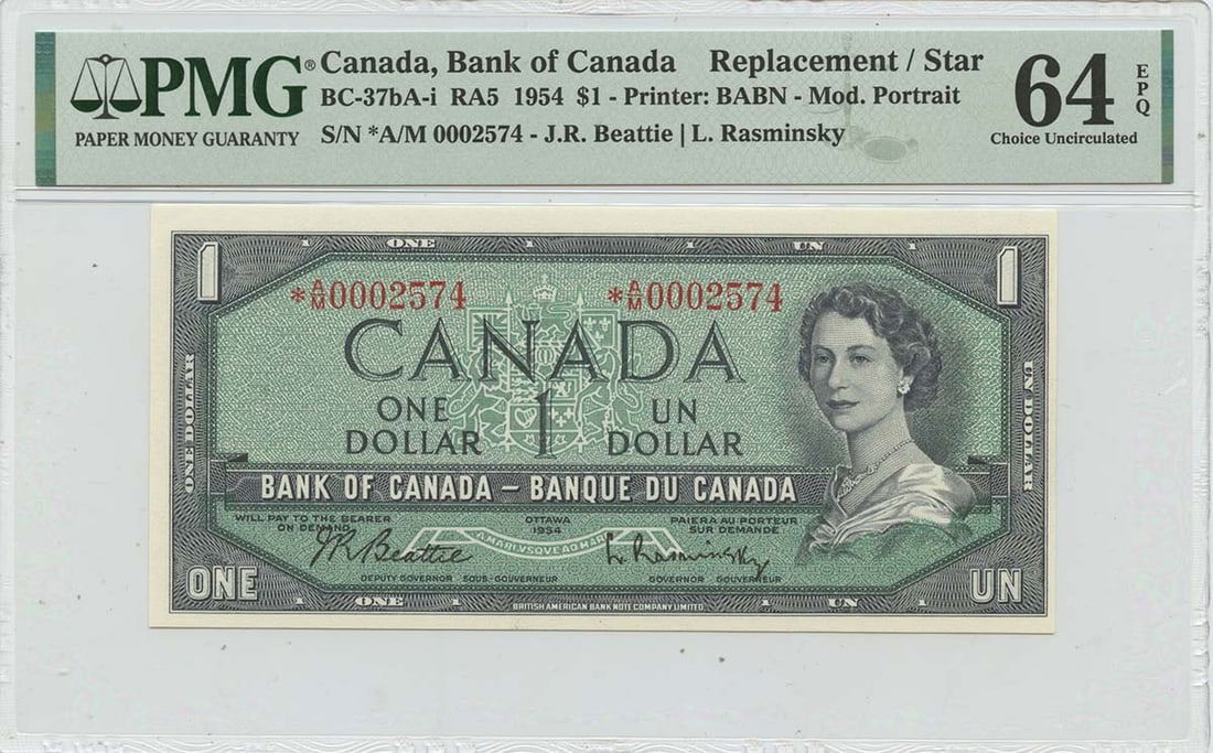 1954 $1 Bank of Canada Star BC-37bA-i PMG MS64 Uncirculated Note: 1954 $1 Bank of Canada Star BC-37bA-i PMG MS64 Uncirculated Note This 1954 $1 Bank of Canada A/M Replacement Star (BC-37bA-i) is graded as uncirculated and certified by PMG with a grade of MS64. The b