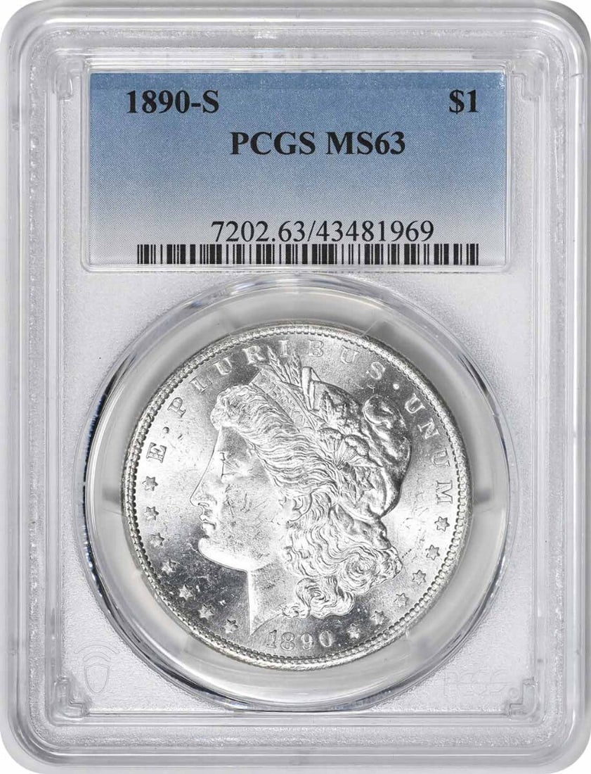 PCGS MS63 1890 San Francisco Morgan Dollar Silver Coin: PCGS MS63 1890 San Francisco Morgan Dollar Silver Coin This 1890-S Morgan Silver Dollar is graded MS63 by PCGS and features a composition of 90% silver and 10% copper. Minted in San Francisco, this un