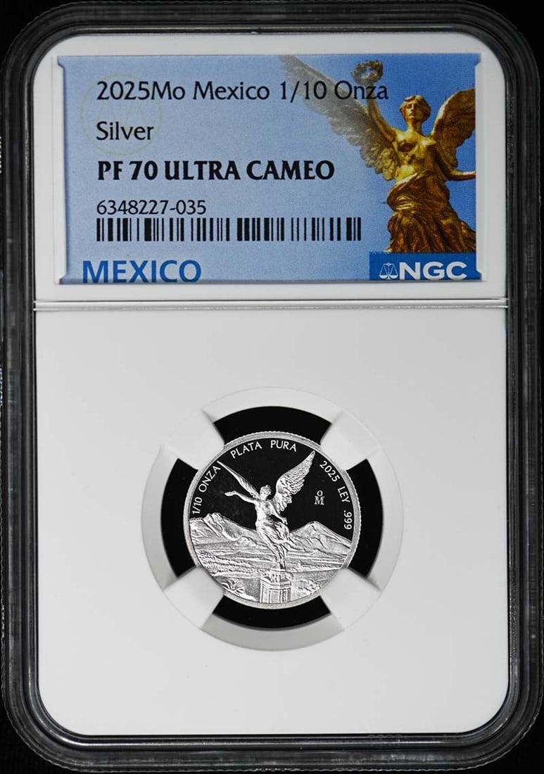 2025 Mexico 1/10 Onza Silver Libertad NGC PF70 Ultra Cameo Limited to 1500: 2025 Mexico 1/10 Onza Silver Libertad NGC PF70 Ultra Cameo Limited to 1500 This 2025 Mo Mexico 1/10 Onza Libertad silver coin is certified by NGC with a grade of PF70 Ultra Cameo, indicating a flawles