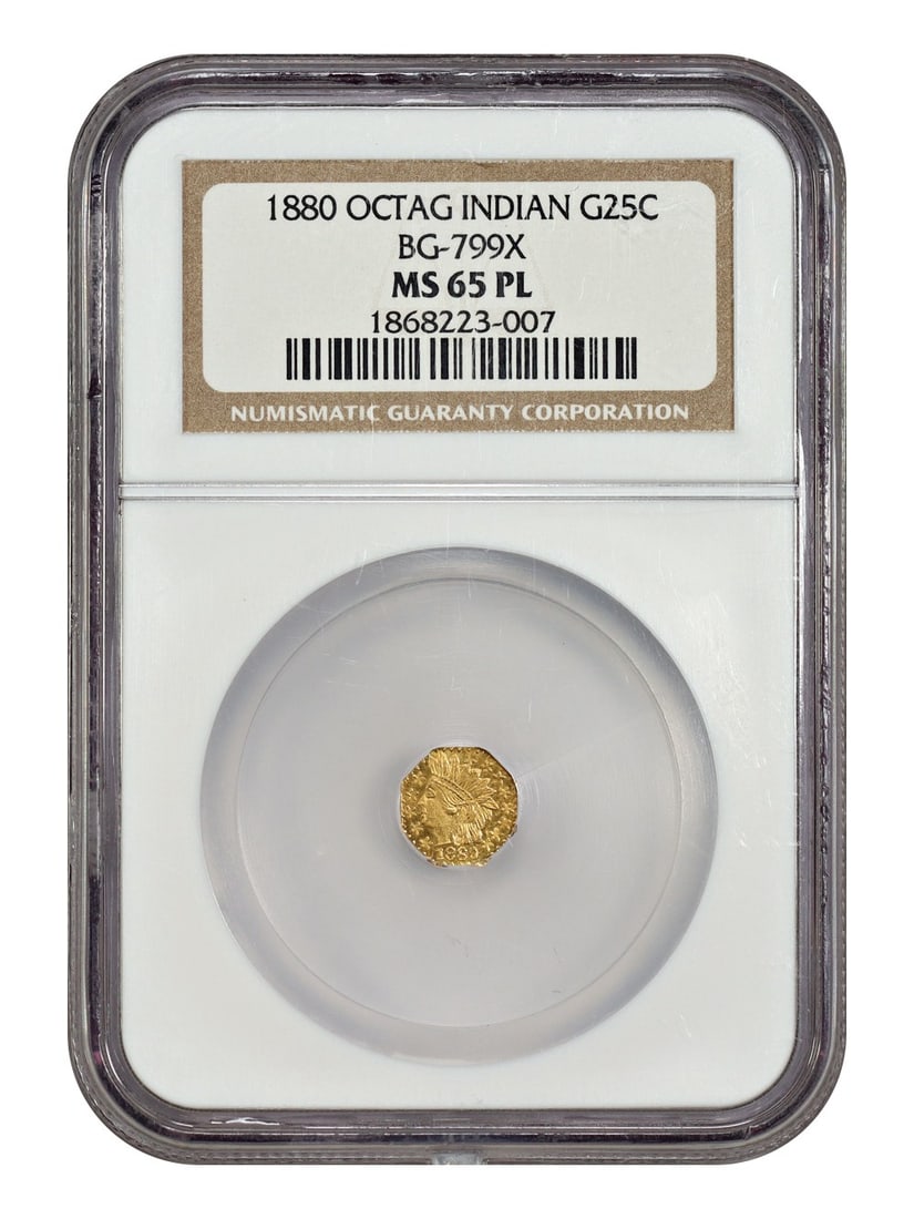 1880 California Fractional Gold 25 Cent Piece NGC MS65PL BG-799X: 1880 California Fractional Gold 25 Cent Piece NGC MS65PL BG-799X This is an un-used 1880 California Fractional Gold 25 cent coin, certified by NGC with a grade of MS65PL. The coin is from the Territor