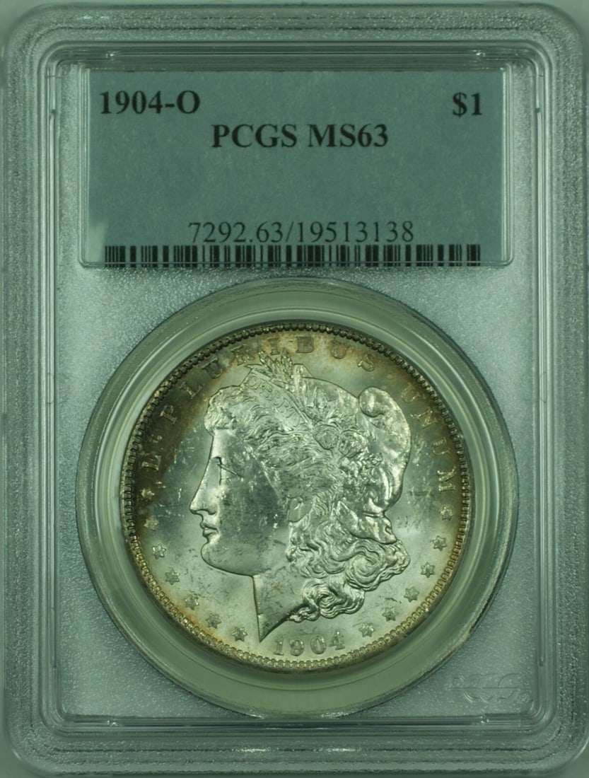 PCGS MS-63 1904-O Morgan $1 Silver Dollar with Toning: PCGS MS-63 1904-O Morgan $1 Silver Dollar with Toning This 1904-O Morgan Silver Dollar $1 coin was minted in New Orleans and is composed of 90% silver. Certified by PCGS with a grade of MS-63, the coi