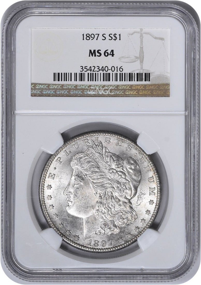 MS64 NGC 1897-S Morgan Dollar San Francisco Mint Silver Coin: MS64 NGC 1897-S Morgan Dollar San Francisco Mint Silver Coin This 1897-S Morgan Silver Dollar is graded MS64 by NGC. Struck at the San Francisco Mint, it features a composition of 90% silver and 10% c