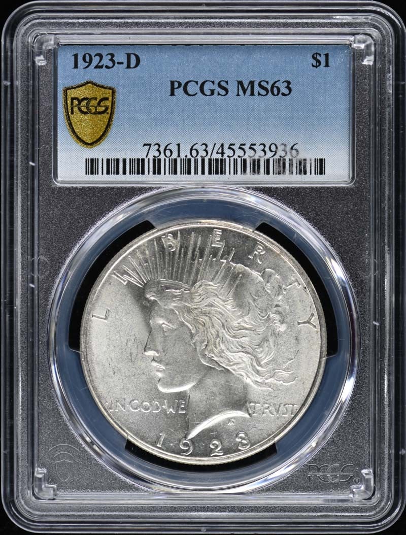 1923-D Peace Dollar PCGS MS63 Uncirculated Denver Mint: 1923-D Peace Dollar PCGS MS63 Uncirculated Denver Mint This 1923-D Peace Dollar is certified by PCGS with a grade of MS63, indicating its uncirculated condition. Minted in Denver, this denomination ty