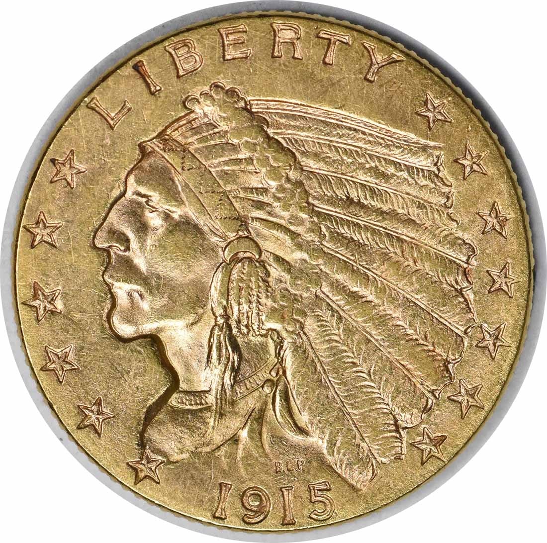 1915 $2.50 Gold Indian Coin AU Bela Lyon Pratt Design: 1915 $2.50 Gold Indian Coin AU Bela Lyon Pratt Design This 1915 $2.50 Gold Indian coin features an exquisite design by Bela Lyon Pratt, showcasing the timeless elegance of American numismatics. With a