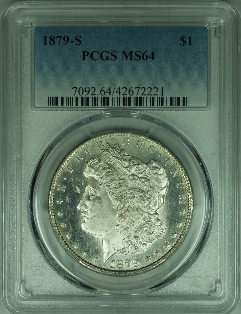 PCGS MS64 1879-S Morgan Dollar Semi Prooflike Silver Coin San Francisco Mint: PCGS MS64 1879-S Morgan Dollar Semi Prooflike Silver Coin San Francisco Mint This 1879-S Morgan Silver Dollar is a semi proof-like coin graded MS-64 by PCGS. Minted in San Francisco, it is an uncircul