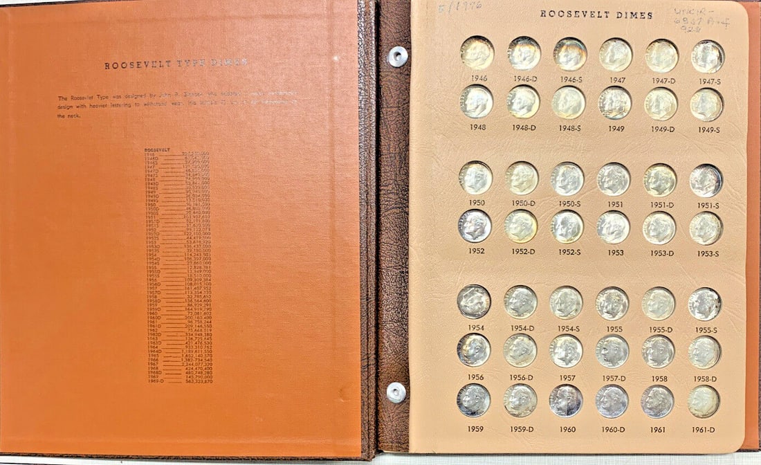 Roosevelt Dime Collection 1946-1976 Silver and Clad Uncirculated in Dansco Album: Roosevelt Dime Collection 1946-1976 Silver and Clad Uncirculated in Dansco Album This is a complete set of Roosevelt dimes from 1946 to 1976, presented in a Dansco coin album. The set includes both si