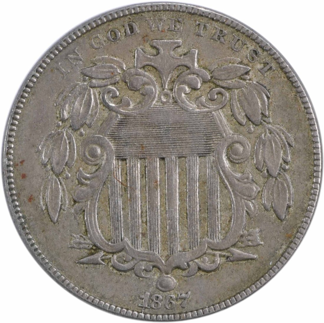 1867 Shield Nickel 5C EF Uncertified Philadelphia Mint Longacre Design: 1867 Shield Nickel 5C EF Uncertified Philadelphia Mint Longacre Design This 1867 Shield Nickel features a classic design by James Barton Longacre, showcasing the iconic shield motif. Struck in Philade
