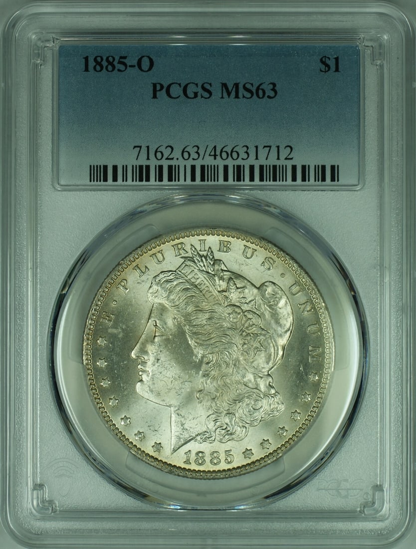 PCGS MS63 1885 New Orleans Morgan Dollar Silver Coin: PCGS MS63 1885 New Orleans Morgan Dollar Silver Coin This 1885-O Morgan Silver Dollar is an uncirculated coin graded MS 63 by PCGS. Minted in New Orleans, it features a silver composition with a finen
