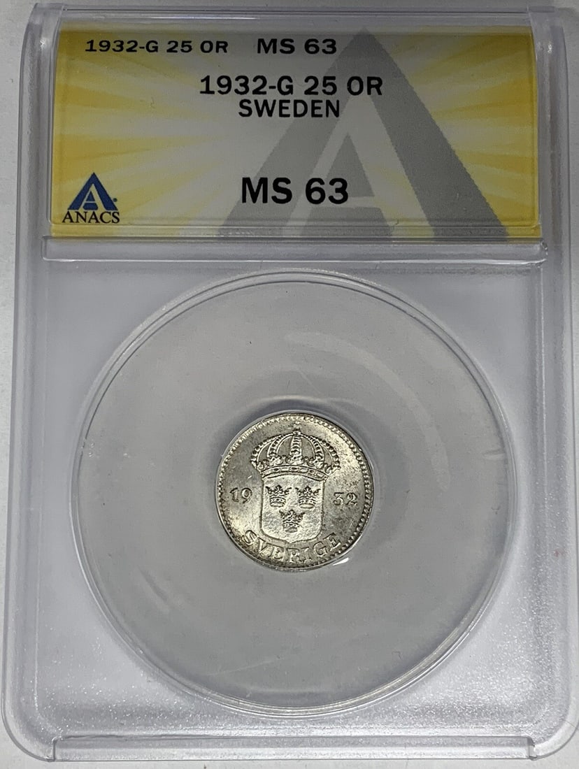 Sweden 1932-G 25 Ore Silver Coin ANACS MS 63 Certified: Sweden 1932-G 25 Ore Silver Coin ANACS MS 63 Certified This is a 1932-G Sweden 25 Ore coin, composed of silver. The coin has been graded MS 63 by ANACS, reflecting its mint state condition. It is a pr
