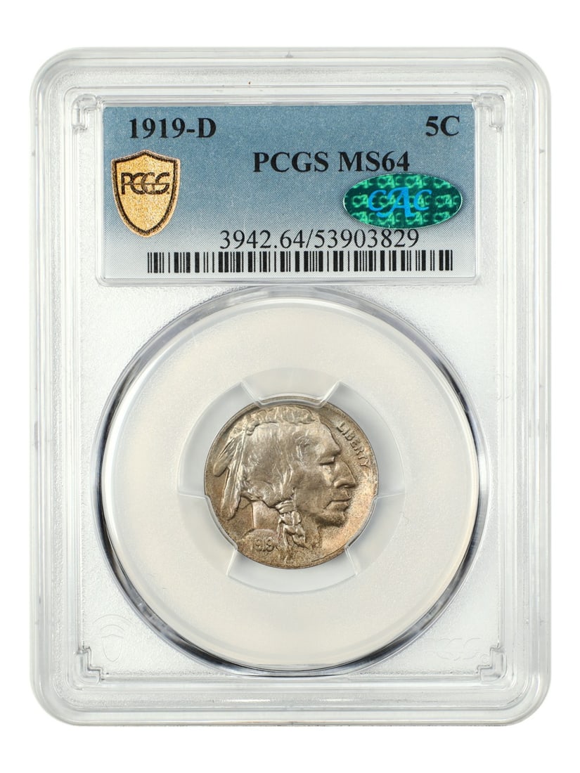 1919-D Buffalo Nickel PCGS MS64 CAC Uncirculated Rare Gem: 1919-D Buffalo Nickel PCGS MS64 CAC Uncirculated Rare Gem This 1919-D Buffalo Nickel, certified by PCGS with a grade of MS64, is an exceptional example from the Denver Mint. Known for being a scarce d