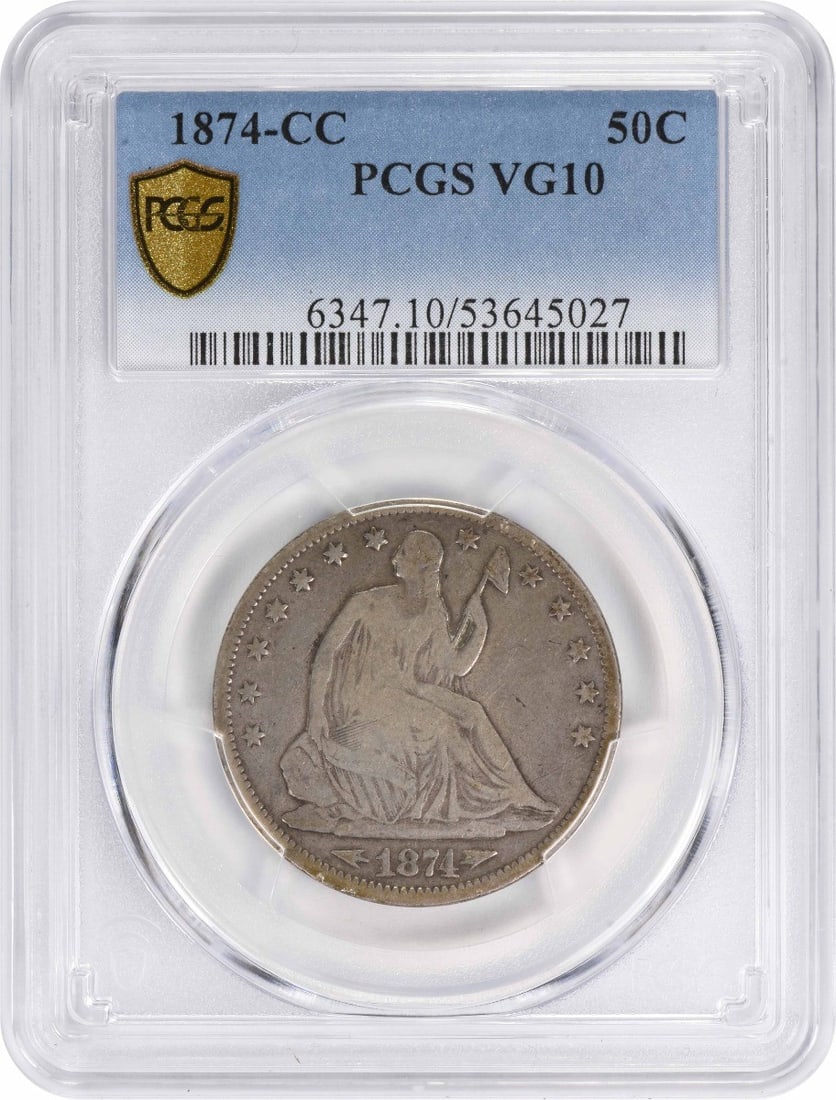 1874-CC Liberty Seated Silver Half Dollar VG10 PCGS Certified: 1874-CC Liberty Seated Silver Half Dollar VG10 PCGS Certified This 1874-CC Liberty Seated Silver Half Dollar, certified by PCGS, showcases a historical piece from the Carson City mint. It features the