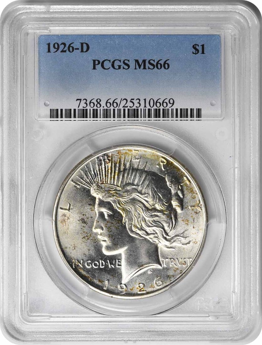 1926-D Peace Silver Dollar MS66 PCGS 90% Silver Coin: 1926-D Peace Silver Dollar MS66 PCGS 90% Silver Coin This 1926-D Peace Silver Dollar, graded MS66 by PCGS, is a stunning example of American coinage. Struck in Denver, this uncirculated coin features