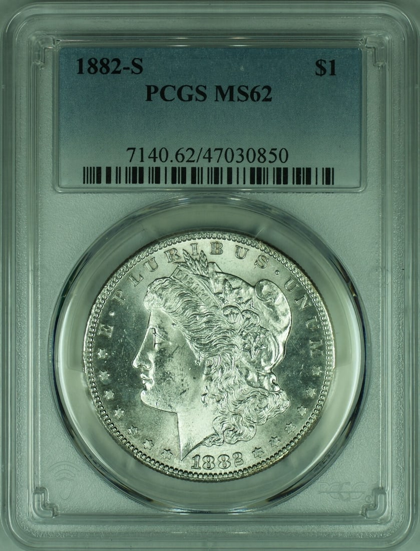 PCGS MS62 1882 San Francisco Morgan Silver Dollar $1 Coin: PCGS MS62 1882 San Francisco Morgan Silver Dollar $1 Coin This is an 1882-S Morgan Silver Dollar coin, certified by PCGS with a grade of MS-62. Struck at the San Francisco Mint, this uncirculated $1 c