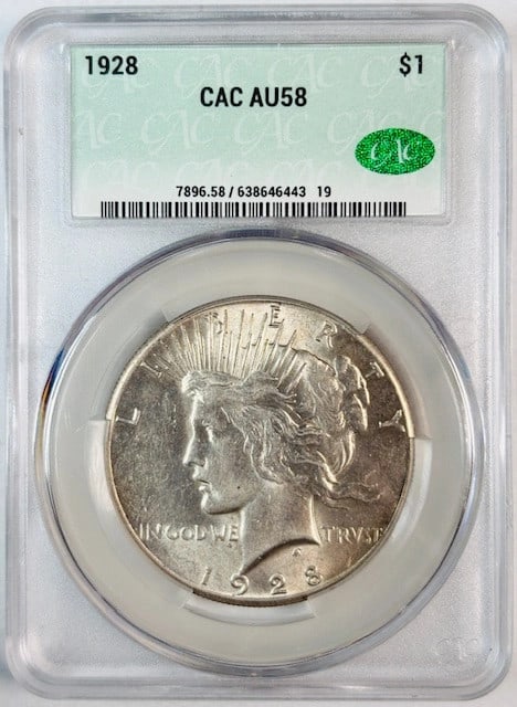 1928 Silver Peace Dollar AU 58 Certified by CAC: 1928 Silver Peace Dollar AU 58 Certified by CAC This 1928 Peace Dollar is certified by CAC and graded AU 58. Composed of silver, it is a pre-owned coin from the United States. Details regarding circul