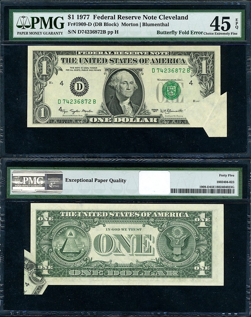 1977 $1 Federal Reserve Note Butterfly Fold Error PMG XF45: 1977 $1 Federal Reserve Note Butterfly Fold Error PMG XF45 This 1977 Federal Reserve Note, designated as FR. 1909 D, features a notable Butterfly Fold error, adding a unique aspect to its appeal. Grad
