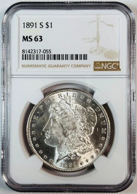 NGC MS63 1891 San Francisco Morgan Silver Dollar White Uncirculated: NGC MS63 1891 San Francisco Morgan Silver Dollar White Uncirculated This 1891 S Morgan Silver Dollar is graded MS-63 by NGC, indicating it is in uncirculated condition. Minted in San Francisco, this c