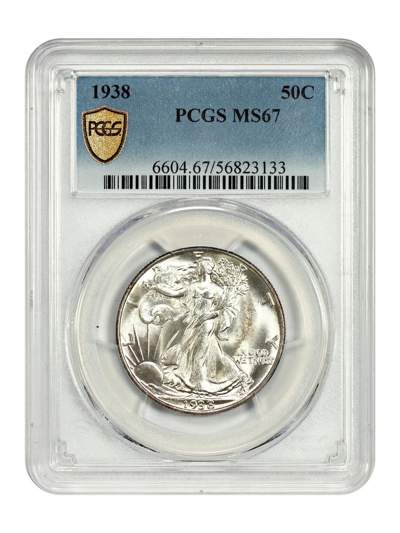1938 Philadelphia Walking Liberty Half Dollar PCGS MS67: 1938 Philadelphia Walking Liberty Half Dollar PCGS MS67 This 1938 Walking Liberty Half Dollar is graded MS67 by PCGS and remains in uncirculated condition. Featuring bold luster and minimal khaki hues