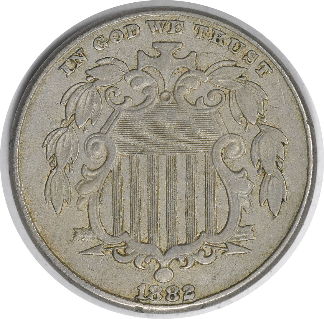1882 Shield Nickel AU Uncertified Philadelphia Mint 5C: 1882 Shield Nickel AU Uncertified Philadelphia Mint 5C This 1882 Shield Nickel is a remarkable example of American numismatic history. Designed by James Barton Longacre, this coin features a stunning