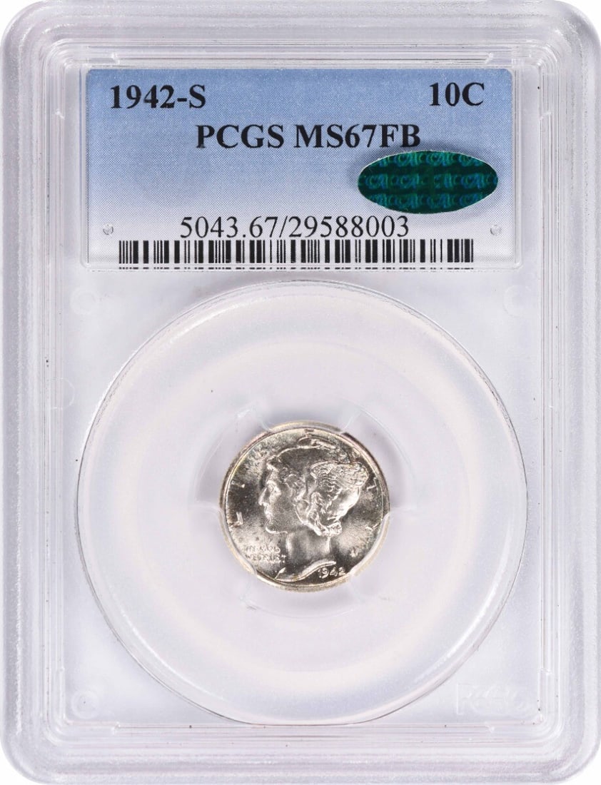 1942-S Mercury Dime MS67FB PCGS Certified 90% Silver Coin: 1942-S Mercury Dime MS67FB PCGS Certified 90% Silver Coin This exquisite 1942-S Mercury Silver Dime, graded MS67FB by PCGS and certified by CAC, is an exceptional addition to any numismatic collection