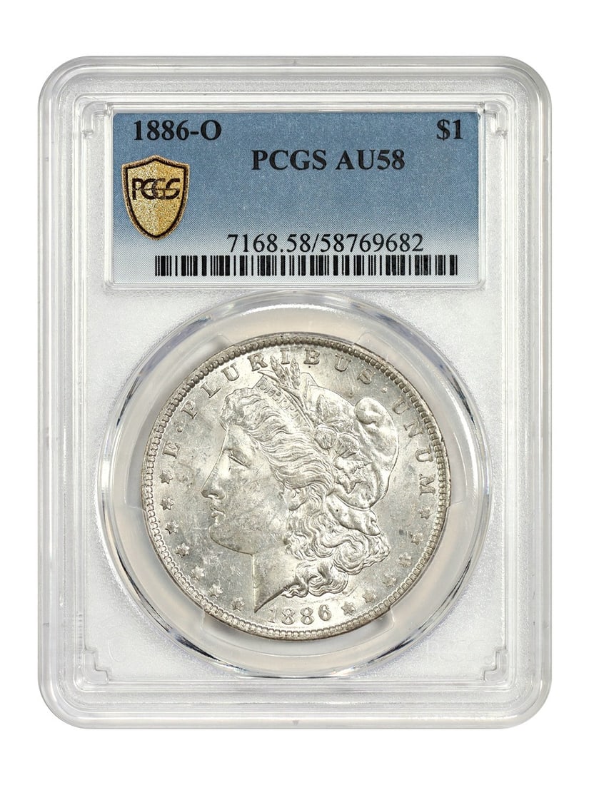 PCGS AU58 1886-O Morgan Dollar New Orleans Mint Silver Coin: PCGS AU58 1886-O Morgan Dollar New Orleans Mint Silver Coin This 1886-O Morgan Dollar is graded AU58 by PCGS, indicating it is a circulated coin in About Uncirculated condition. Minted in New Orleans,