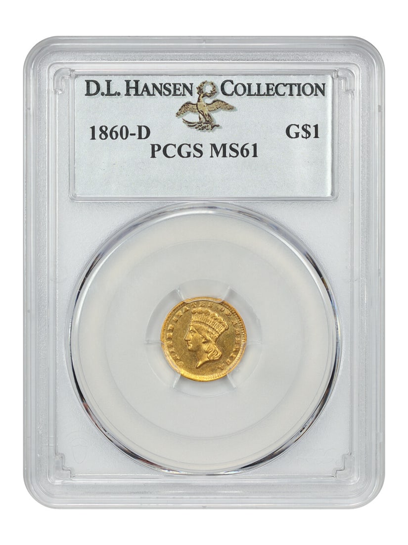 1860-D G$1 Gold Dollar PCGS MS61 Uncirculated D.L. Hansen: 1860-D G$1 Gold Dollar PCGS MS61 Uncirculated D.L. Hansen Discover a rare and exceptionally preserved 1860-D G$1 gold dollar, certified by PCGS with a grade of MS61. This uncirculated coin boasts a mi
