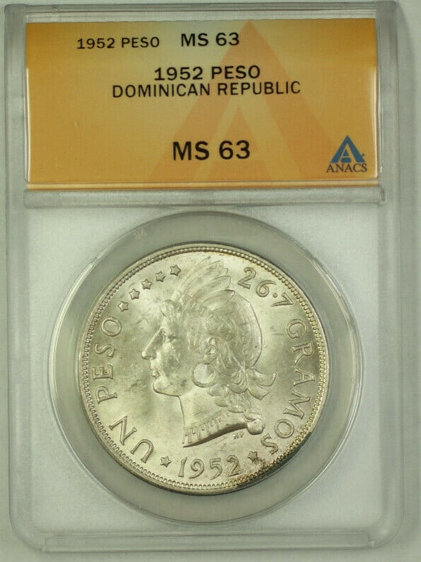 ANACS MS 63 Dominican Republic 1952 Silver 1 Peso Uncirculated Coin: ANACS MS 63 Dominican Republic 1952 Silver 1 Peso Uncirculated Coin This 1952 Dominican Republic 1 Peso coin is composed of silver and has been certified by ANACS with a grade of MS 63. The coin is un
