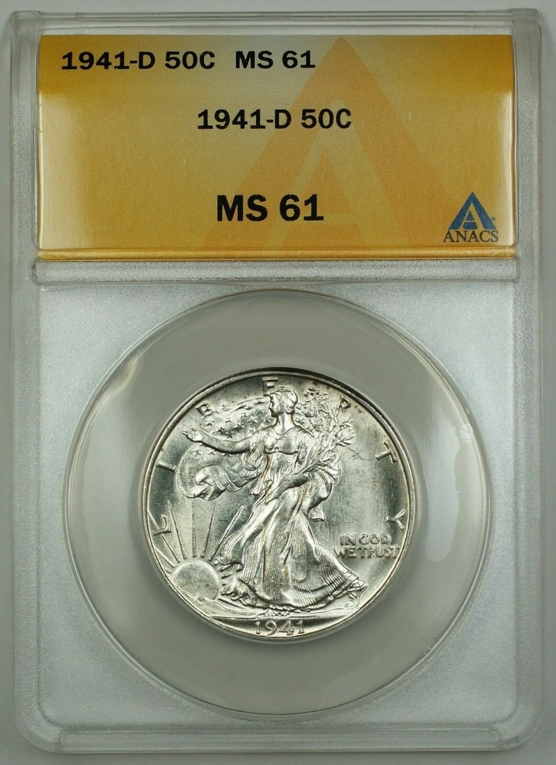 ANACS MS-61 1941-D Silver Walking Liberty Half Dollar Uncirculated: ANACS MS-61 1941-D Silver Walking Liberty Half Dollar Uncirculated This 1941-D Walking Liberty Silver Half Dollar has been certified by ANACS with a grade of MS-61. The coin is uncirculated and compos