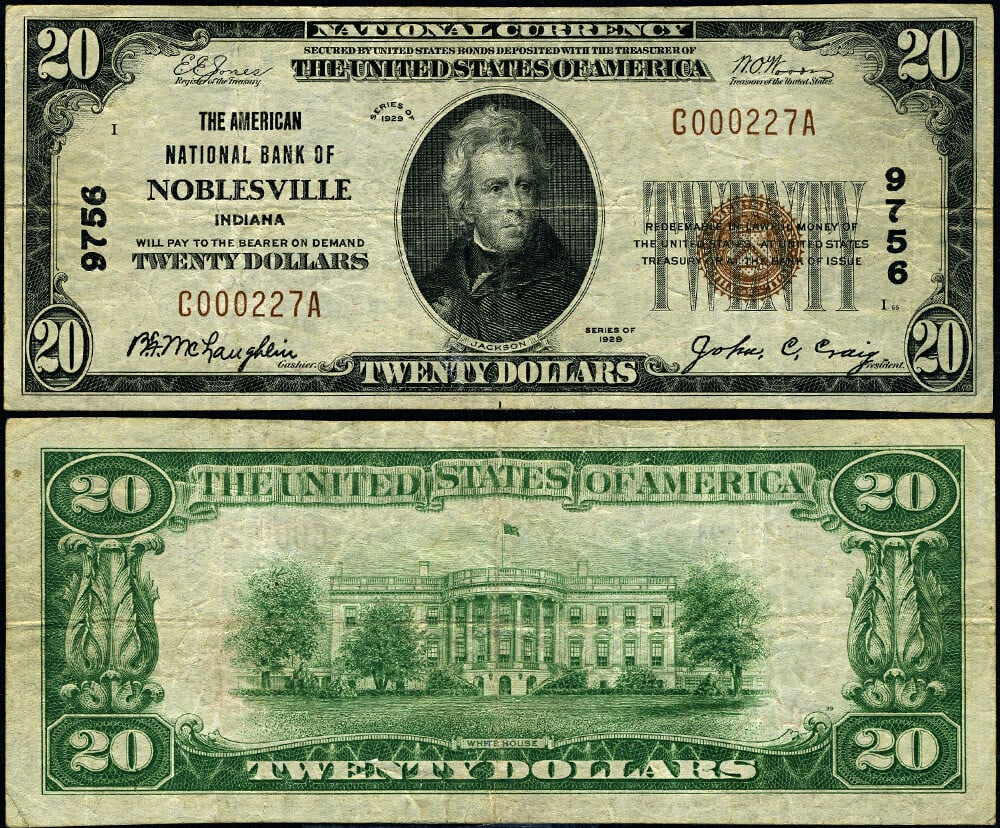 1929 $20 T-1 National Bank Note Noblesville IN Charter 9756: 1929 $20 T-1 National Bank Note Noblesville IN Charter 9756 This is a $20 National Bank Note from Noblesville, Indiana, issued in 1929, with the charter number #9756. The note is classified as a Type