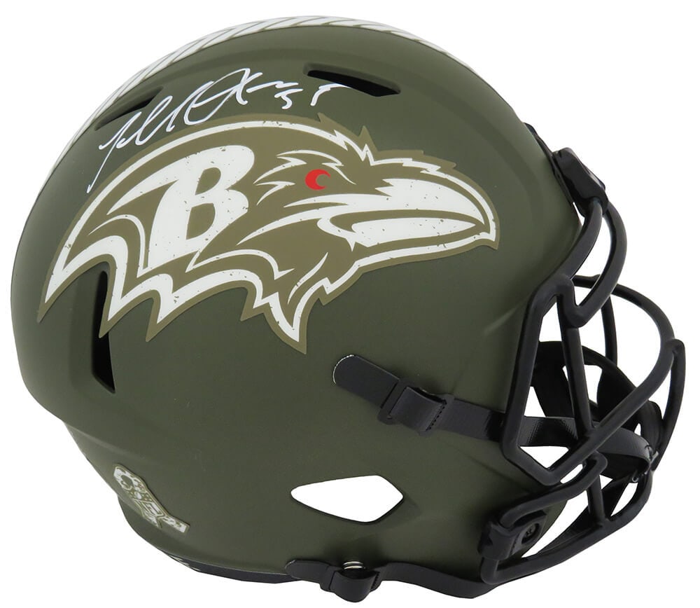 Terrell Suggs Autographed Ravens Salute to Service Helmet with COA: Terrell Suggs Autographed Ravens Salute to Service Helmet with COA Celebrate the legacy of Terrell Suggs with this signed Baltimore Ravens Salute to Service Riddell full-size speed replica helmet. Thi