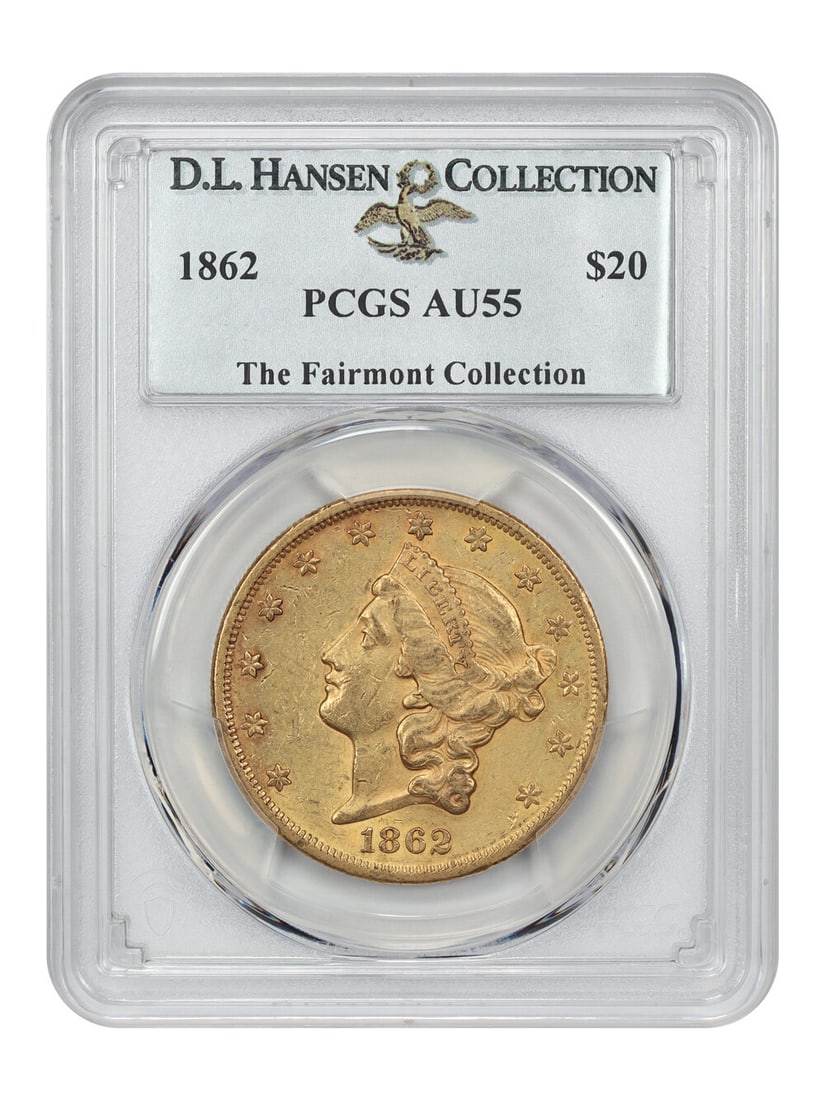 1862 $20 Liberty Head Coin PCGS AU55 Limited Mintage: 1862 $20 Liberty Head Coin PCGS AU55 Limited Mintage This 1862 Liberty Head $20 gold coin is a remarkable piece certified by PCGS with an AU55 grade, indicating its circulated condition. Minted in Phi