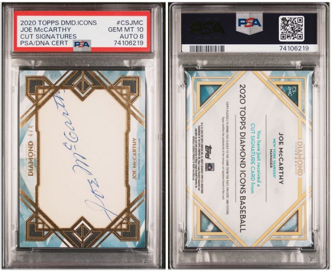 Joe McCarthy 2020 Topps Diamond Icons Cut Signatures PSA 10 Auto 4/4: Joe McCarthy 2020 Topps Diamond Icons Cut Signatures PSA 10 Auto 4/4 This 2020 Topps Diamond Icons Cut Signatures card features the autograph of Joe McCarthy, a notable figure in baseball history. Gra