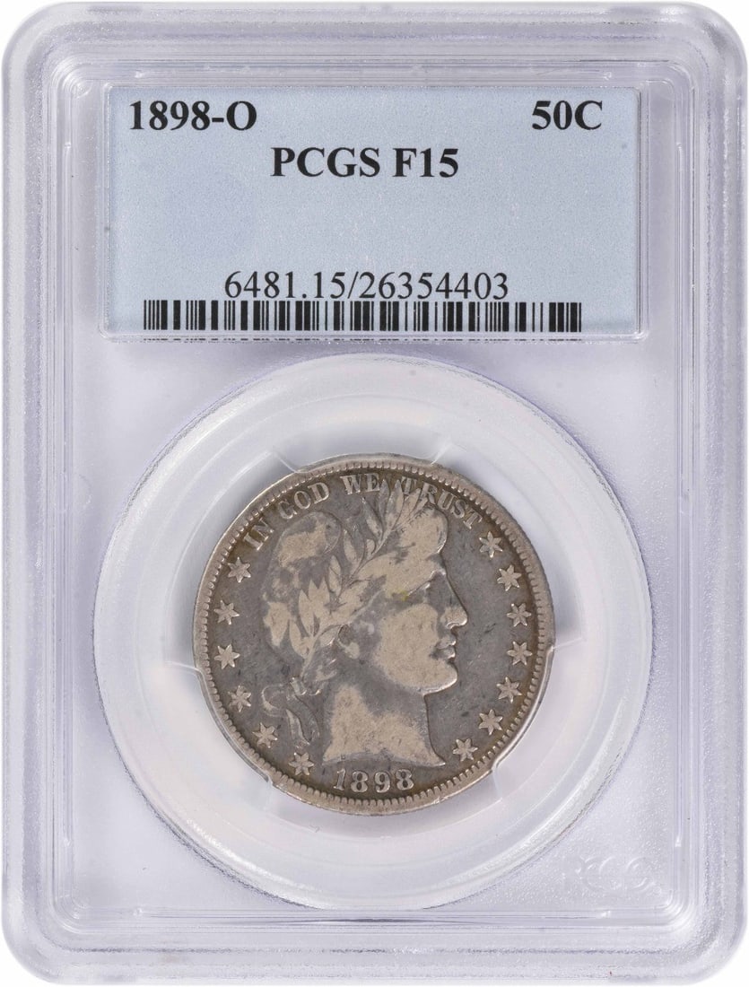 1898 New Orleans Barber Half Dollar PCGS Certified F15 Silver Coin: 1898 New Orleans Barber Half Dollar PCGS Certified F15 Silver Coin This is an 1898-O Barber Half Dollar, graded F15 by PCGS. Minted in New Orleans, this circulated coin is composed of 90% silver and 1