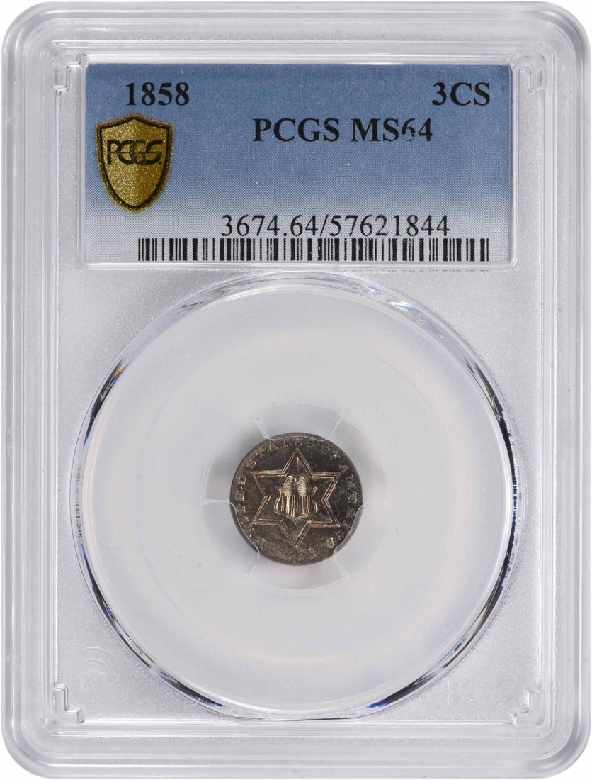1858 Three Cent Silver Coin PCGS MS64 Philadelphia Mint: 1858 Three Cent Silver Coin PCGS MS64 Philadelphia Mint This 1858 Three Cent Silver coin, certified by PCGS with a grade of MS64, showcases the work of designer James Barton Longacre. Minted in Philad