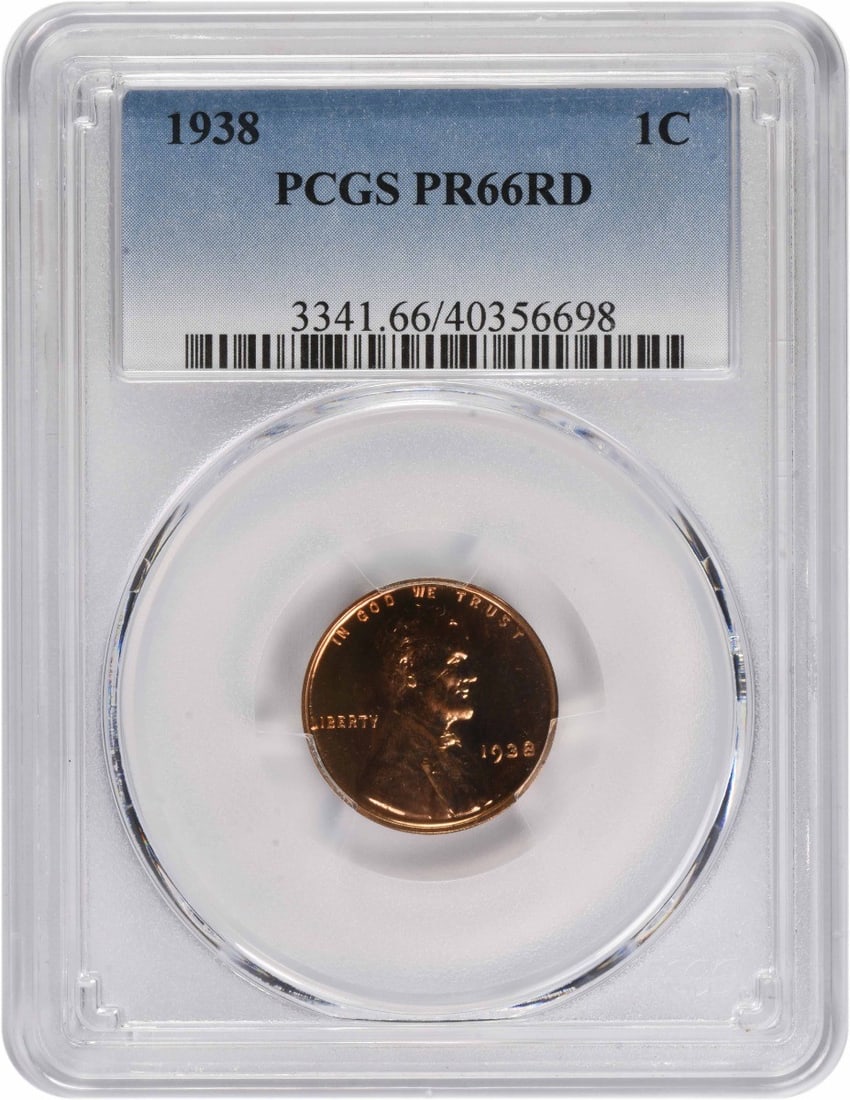 1938 Proof Lincoln Wheat Cent PCGS PR66RD Philadelphia: 1938 Proof Lincoln Wheat Cent PCGS PR66RD Philadelphia This 1938 Lincoln Wheat Cent is a proof strike coin graded PR66RD by PCGS. It features a composition of 95% copper and 5% tin and zinc, with a pl