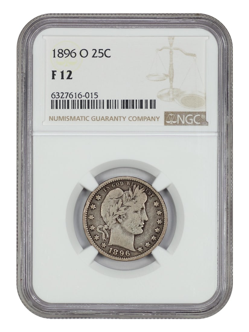 1896-O Barber Quarter NGC Fine 12 Key Date New Orleans 25C: 1896-O Barber Quarter NGC Fine 12 Key Date New Orleans 25C Up for auction is a 1896-O Barber Quarter, a key date in the series. This coin is certified by NGC with a grade of Fine 12, indicating it has