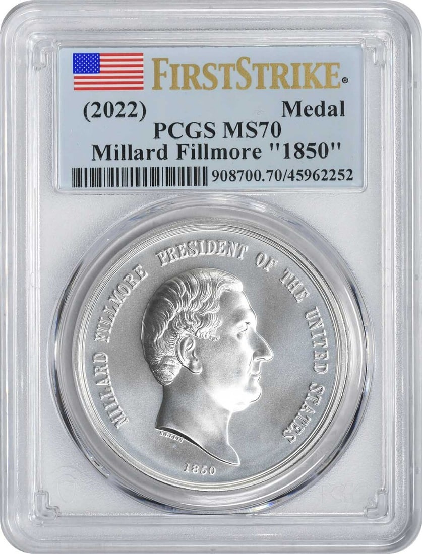 2022 PCGS MS70 First Strike Millard Fillmore Silver Medal Matte Finish: 2022 PCGS MS70 First Strike Millard Fillmore Silver Medal Matte Finish This 2022 Millard Fillmore "1850" silver medal features a matte finish and is graded MS70 by PCGS. Struck by the U.S. Mint in Phi