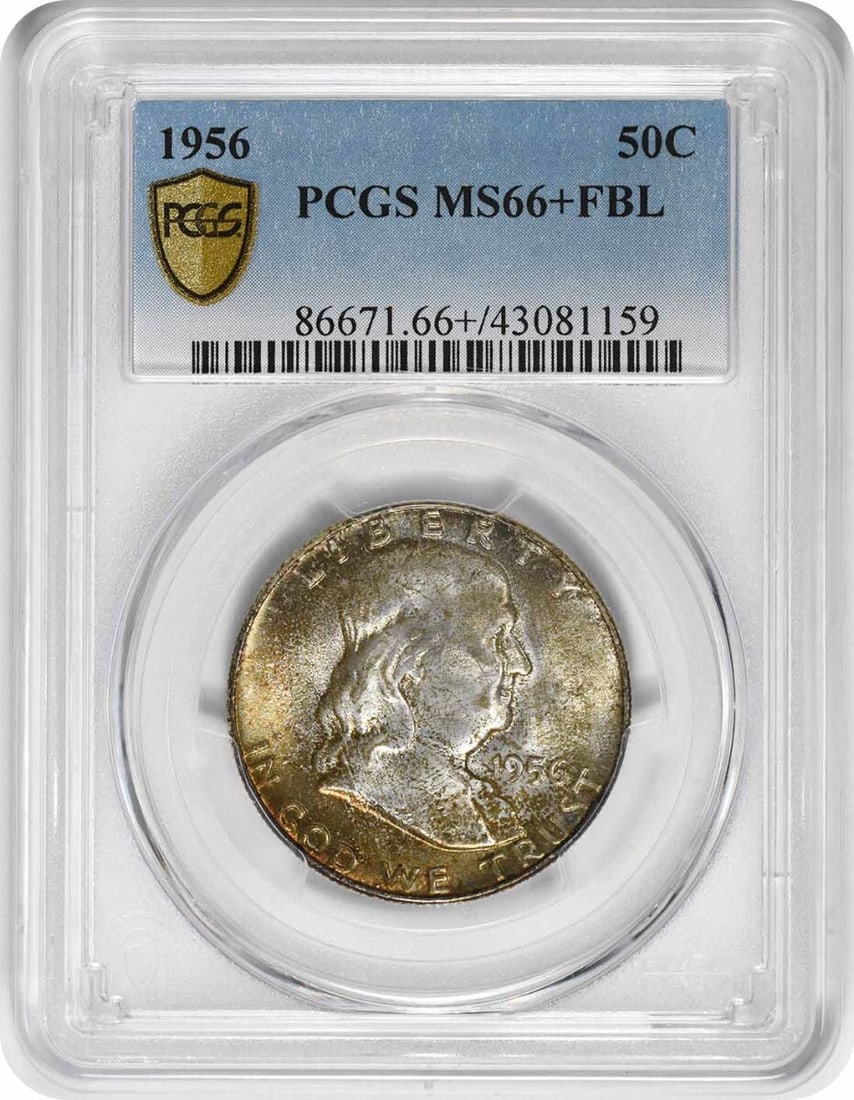 1956 Franklin Silver Half Dollar MS66+FBL PCGS Uncirculated Coin: 1956 Franklin Silver Half Dollar MS66+FBL PCGS Uncirculated Coin This 1956 Franklin Silver Half Dollar is a stunning example of numismatic artistry, graded MS66+FBL by PCGS, indicating its exceptional
